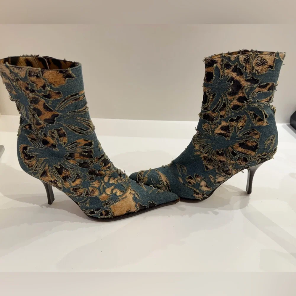 Denim Floral Embroidered Roberto Cavalli Ankle Boots - Picture 4 of 9